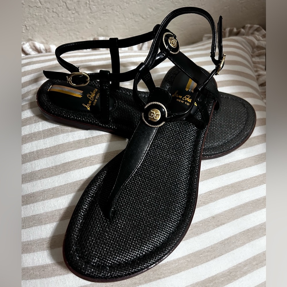 Sam Edelman Black Leather T-Strap Sandals with Gold Accent - Picture 2 of 4